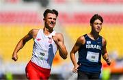 21 July 2025; Nikodem Dyminski of Poland celebrates after winning in the boys 100m sprint heats at Todor Proeski National Arena during day one of the 2025 European Youth Summer Olympic Festival in Skopje, North Macedonia. Photo by Tyler Miller/Sportsfile