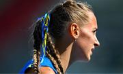 21 July 2025; Ribbons in the colour of the Ukraine flag are seen in the hair of Khrystyna Lotos of Ukraine after competing in the girls 100m sprint heats at Todor Proeski National Arena during day one of the 2025 European Youth Summer Olympic Festival in Skopje, North Macedonia. Photo by Tyler Miller/Sportsfile