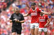 20 July 2025; Eoin Downey of Cork remonstrates with referee Liam Gordon before being shown a red card during the GAA Hurling All-Ireland Senior Championship final match between Cork and Tipperary at Croke Park in Dublin. Photo by Seb Daly/Sportsfile