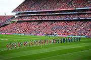20 July 2025; Cork and Tipperary players parade behind the Artane School of Music Band before the GAA Hurling All-Ireland Senior Championship final match between Cork and Tipperary at Croke Park in Dublin. Photo by Seb Daly/Sportsfile