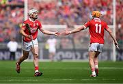 20 July 2025; Cork players Patrick Horgan, left, and Shane Barrett during the GAA Hurling All-Ireland Senior Championship final match between Cork and Tipperary at Croke Park in Dublin. Photo by Seb Daly/Sportsfile