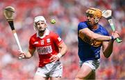 20 July 2025; Ronan Maher of Tipperary and Patrick Horgan of Cork during the GAA Hurling All-Ireland Senior Championship final match between Cork and Tipperary at Croke Park in Dublin. Photo by Seb Daly/Sportsfile