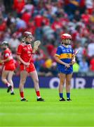 20 July 2025; Anna O'Neill, Rathnure NS, Enniscorthy, Wexford, representing Cork and Aoibhínn Wilson, Gaelscoil Eoghain, Cookstown, Tyrone, representing Tipperary, during the GAA INTO Cumann na mBunscol Respect Exhibition Go Games at the GAA Hurling All-Ireland Senior Championship final match between Cork and Tipperary at Croke Park in Dublin. Photo by Ray McManus/Sportsfile
