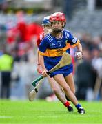 20 July 2025; Eimear Morgán, St Columba's PS, Coleraine, Derry, representing Tipperary, in action against Molly Dooling, St Michael's NS, Ballyduff Upper, Waterford, representing Cork, during the GAA INTO Cumann na mBunscol Respect Exhibition Go Games at the GAA Hurling All-Ireland Senior Championship final match between Cork and Tipperary at Croke Park in Dublin. Photo by Ray McManus/Sportsfile