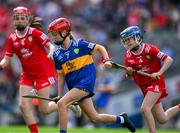 20 July 2025; Eimear Morgán, St Columba's PS, Coleraine, Derry, representing Tipperary, in action against Molly Dooling, St Michael's NS, Ballyduff Upper, Waterford, representing Cork, during the GAA INTO Cumann na mBunscol Respect Exhibition Go Games at the GAA Hurling All-Ireland Senior Championship final match between Cork and Tipperary at Croke Park in Dublin. Photo by Ray McManus/Sportsfile