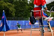 21 July 2025; Ammar Elamin, from Mullingar in Westmeath, representing Technological University Dublin and Ireland, competes in the men's singles round of 16 match against Mariano Tammaro, Link Campus Univeristy and Italy, during day five of the FISU World University Games 2025 at ETUF Tennisanlage in Essen, Germany. Photo by Shauna Clinton/Sportsfile
