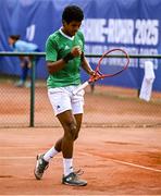 21 July 2025; Ammar Elamin, from Mullingar in Westmeath, representing Technological University Dublin and Ireland, competes in the men's singles round of 16 match against Mariano Tammaro, Link Campus Univeristy and Italy, during day five of the FISU World University Games 2025 at ETUF Tennisanlage in Essen, Germany. Photo by Shauna Clinton/Sportsfile