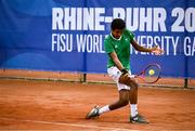 21 July 2025; Ammar Elamin, from Mullingar in Westmeath, representing Technological University Dublin and Ireland, competes in the men's singles round of 16 match against Mariano Tammaro, Link Campus Univeristy and Italy, during day five of the FISU World University Games 2025 at ETUF Tennisanlage in Essen, Germany. Photo by Shauna Clinton/Sportsfile