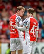 20 July 2025; St Patrick's Athletic players, from left, Conor Carty and Matthew O'Hara celebrate their sides second goal scored by Brandon Kavanagh, not pictured, during the Sports Direct Men’s FAI Cup second round match between St. Patrick’s Athletic and UCC at Richmond Park in Dublin. Photo by Michael P Ryan/Sportsfile