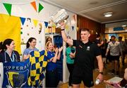 21 July 2025; Captain of All-Ireland Hurling Champions Tipperary, Ronan Maher, arrives with the Liam MacCarthy Cup at Children's Health Ireland, Crumlin in Dublin after winning The Liam MacCarthy Cup at Croke Park on Sunday. Photo by Sam Barnes/Sportsfile
