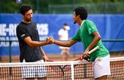 21 July 2025; Ammar Elamin, from Mullingar in Westmeath, representing Technological University Dublin and Ireland, shakes hands with Mariano Tammaro, Link Campus Univeristy and Italy after his victory in the men's singles round of 16 match during day five of the FISU World University Games 2025 at ETUF Tennisanlage in Essen, Germany. Photo by Shauna Clinton/Sportsfile