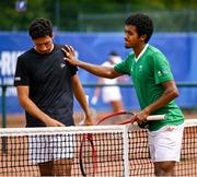 21 July 2025; Ammar Elamin, from Mullingar in Westmeath, representing Technological University Dublin and Ireland, shakes hands with Mariano Tammaro, Link Campus Univeristy and Italy after his victory in the men's singles round of 16 match during day five of the FISU World University Games 2025 at ETUF Tennisanlage in Essen, Germany. Photo by Shauna Clinton/Sportsfile