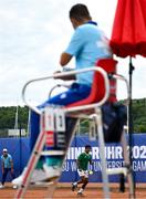 21 July 2025; Ammar Elamin, from Mullingar in Westmeath, representing Technological University Dublin and Ireland, celebrates scoring a point in the men's singles round of 16 match against Mariano Tammaro, Link Campus Univeristy and Italy, during day five of the FISU World University Games 2025 at ETUF Tennisanlage in Essen, Germany. Photo by Shauna Clinton/Sportsfile