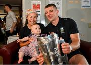 21 July 2025; Captain of All-Ireland Hurling Champions Tipperary, Ronan Maher, right, with Iseult Shelly, aged 10 months from Blackrock, Dublin, and her mother Martha McGann and the Liam MacCarthy Cup at Children's Health Ireland, Crumlin in Dublin after winning The Liam MacCarthy Cup at Croke Park on Sunday. Photo by Sam Barnes/Sportsfile