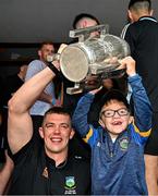 21 July 2025; Captain of All-Ireland Hurling Champions Tipperary, Ronan Maher, left, with Oisin Crowe, aged 12, from Cappawhite, Tipperary, with the Liam MacCarthy Cup at Children's Health Ireland, Crumlin in Dublin after Tipperary won The Liam MacCarthy Cup at Croke Park on Sunday. Photo by Sam Barnes/Sportsfile
