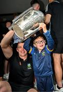 21 July 2025; Captain of All-Ireland Hurling Champions Tipperary, Ronan Maher, left, with Oisin Crowe, aged 12, from Cappawhite, Tipperary, with the Liam MacCarthy Cup at Children's Health Ireland, Crumlin in Dublin after Tipperary won The Liam MacCarthy Cup at Croke Park on Sunday. Photo by Sam Barnes/Sportsfile