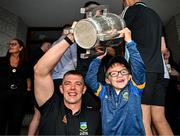 21 July 2025; Captain of All-Ireland Hurling Champions Tipperary, Ronan Maher, left, with Oisin Crowe, aged 12, from Cappawhite, Tipperary, with the Liam MacCarthy Cup at Children's Health Ireland, Crumlin in Dublin after Tipperary won The Liam MacCarthy Cup at Croke Park on Sunday. Photo by Sam Barnes/Sportsfile