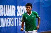 21 July 2025; Ammar Elamin, from Mullingar in Westmeath, representing Technological University Dublin and Ireland, celebrates scoring a point in the men's singles round of 16 match against Mariano Tammaro, Link Campus Univeristy and Italy, during day five of the FISU World University Games 2025 at ETUF Tennisanlage in Essen, Germany. Photo by Shauna Clinton/Sportsfile