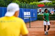 21 July 2025; Ammar Elamin, from Mullingar in Westmeath, representing Technological University Dublin and Ireland, celebrates scoring a point in the men's singles round of 16 match against Mariano Tammaro, Link Campus Univeristy and Italy, during day five of the FISU World University Games 2025 at ETUF Tennisanlage in Essen, Germany. Photo by Shauna Clinton/Sportsfile