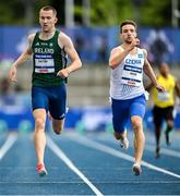 21 July 2025; Jack Raftery, left, from Castleknock in Dublin, representing Dublin City University and Ireland, on his way to finishing first in the men's 400m heats during day five of the FISU World University Games 2025 at Lohrheidestadion in Bochum, Germany. Photo by Shauna Clinton/Sportsfile