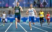 21 July 2025; Jack Raftery, left, from Castleknock in Dublin, representing Dublin City University and Ireland, centre, on his way to finishing first in the men's 400m heats during day five of the FISU World University Games 2025 at Lohrheidestadion in Bochum, Germany. Photo by Shauna Clinton/Sportsfile