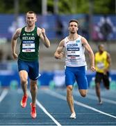 21 July 2025; Jack Raftery, left, from Castleknock in Dublin, representing Dublin City University and Ireland, left, on his way to finishing first in the men's 400m heats during day five of the FISU World University Games 2025 at Lohrheidestadion in Bochum, Germany. Photo by Shauna Clinton/Sportsfile