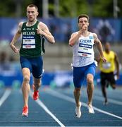 21 July 2025; Jack Raftery, left, from Castleknock in Dublin, representing Dublin City University and Ireland, left, on his way to finishing first in the men's 400m heats during day five of the FISU World University Games 2025 at Lohrheidestadion in Bochum, Germany. Photo by Shauna Clinton/Sportsfile