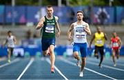 21 July 2025; Jack Raftery, left, from Castleknock in Dublin, representing Dublin City University and Ireland, centre, on his way to finishing first in the men's 400m heats during day five of the FISU World University Games 2025 at Lohrheidestadion in Bochum, Germany. Photo by Shauna Clinton/Sportsfile