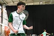 21 July 2025; Luke Marks of Team Ireland celebrates after winning his match against Ivan Dzhus of Ukraine in the boy's singles group play stage at Elementary School Nevena Gjeorgjieva Dunja during day one of the 2025 European Youth Summer Olympic Festival in Skopje, North Macedonia. Photo by Tyler Miller/Sportsfile