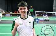 21 July 2025; Luke Marks of Team Ireland celebrates after winning his match against Ivan Dzhus of Ukraine in the boy's singles group play stage at Elementary School Nevena Gjeorgjieva Dunja during day one of the 2025 European Youth Summer Olympic Festival in Skopje, North Macedonia. Photo by Tyler Miller/Sportsfile
