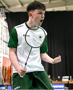21 July 2025; Luke Marks of Team Ireland celebrates after winning his match against Ivan Dzhus of Ukraine in the boy's singles group play stage at Elementary School Nevena Gjeorgjieva Dunja during day one of the 2025 European Youth Summer Olympic Festival in Skopje, North Macedonia. Photo by Tyler Miller/Sportsfile