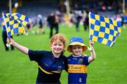 21 July 2025; Tipperary supporters, and brother and sister, Erín Morrissey, aged 7, and Seán Morrissey, aged 5, from Newport, during the homecoming celebrations of the All-Ireland Senior Hurling Champions at FBD Semple Stadium in Thurles, Tipperary. Photo by Piaras Ó Mídheach/Sportsfile
