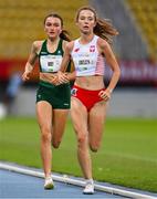 21 July 2025; Emma Hickey of Team Ireland, left, competes in the girls 3000m final at Todor Proeski National Arena during day one of the 2025 European Youth Summer Olympic Festival in Skopje, North Macedonia. Photo by Tyler Miller/Sportsfile