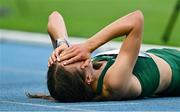 21 July 2025; Emma Hickey of Team Ireland reacts after competing in the girls 3000m final at Todor Proeski National Arena during day one of the 2025 European Youth Summer Olympic Festival in Skopje, North Macedonia. Photo by Tyler Miller/Sportsfile