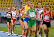 21 July 2025; Emma Hickey of Team Ireland, left, competes in the girls 3000m final at Todor Proeski National Arena during day one of the 2025 European Youth Summer Olympic Festival in Skopje, North Macedonia. Photo by Tyler Miller/Sportsfile
