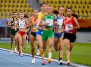 21 July 2025; Emma Hickey of Team Ireland, left, competes in the girls 3000m final at Todor Proeski National Arena during day one of the 2025 European Youth Summer Olympic Festival in Skopje, North Macedonia. Photo by Tyler Miller/Sportsfile