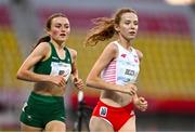 21 July 2025; Emma Hickey of Team Ireland, left, competes in the girls 3000m final at Todor Proeski National Arena during day one of the 2025 European Youth Summer Olympic Festival in Skopje, North Macedonia. Photo by Tyler Miller/Sportsfile