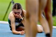 21 July 2025; Emma Hickey of Team Ireland reacts after competing in the girls 3000m final at Todor Proeski National Arena during day one of the 2025 European Youth Summer Olympic Festival in Skopje, North Macedonia. Photo by Tyler Miller/Sportsfile