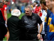 20 July 2025; Referee Liam Gordon meets President of Ireland Michael D Higgins before the GAA Hurling All-Ireland Senior Championship final match between Cork and Tipperary at Croke Park in Dublin. Photo by Stephen McCarthy/Sportsfile
