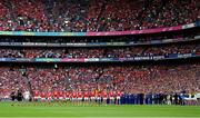 20 July 2025; Cork players stand for the playing of the National Anthem before the GAA Hurling All-Ireland Senior Championship final match between Cork and Tipperary at Croke Park in Dublin. Photo by Stephen McCarthy/Sportsfile