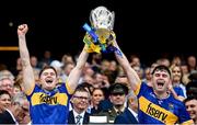 20 July 2025; Darragh Stakelum, left, and Conor Stakelum of Tipperary lift the Liam MacCarthy cup after victory in the GAA Hurling All-Ireland Senior Championship final match between Cork and Tipperary at Croke Park in Dublin. Photo by Stephen McCarthy/Sportsfile
