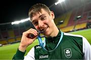 21 July 2025; Ben Sykes of Team Ireland celebrates with his bronze medal after finishing third in the boys 100m sprint final at Todor Proeski National Arena during day one of the 2025 European Youth Summer Olympic Festival in Skopje, North Macedonia. Photo by Tyler Miller/Sportsfile