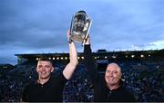 21 July 2025; Tipperary captain Ronan Maher and manager Liam Cahill lift the Liam MacCarthy cup during the homecoming celebrations of the All-Ireland Senior Hurling Champions at FBD Semple Stadium in Thurles, Tipperary. Photo by Piaras Ó Mídheach/Sportsfile