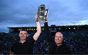 21 July 2025; Tipperary captian Ronan Maher and manager Liam Cahill lift the Liam MacCarthy cupduring the homecoming celebrations of the All-Ireland Senior Hurling Champions at FBD Semple Stadium in Thurles, Tipperary. Photo by Piaras Ó Mídheach/Sportsfile