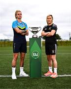 22 July 2025; Ciara Smith of Terenure Rangers, left, and Whitehall Rangers captain Charlie Graham during an FAI Women's Amateur Cup Final media day at FAI HQ in Abbotstown, Dublin. Photo by Ben McShane/Sportsfile