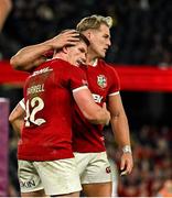 22 July 2025; Duhan van der Merwe of British & Irish Lions celebrates with teammate Owen Farrell, left, after scoring their side's fourth try during the tour match between First Nations & Pasifika XV and the British & Irish Lions at Marvel Stadium in Melbourne, Australia. Photo by Brendan Moran/Sportsfile