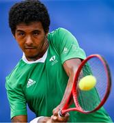 22 July 2025; Ammar Elamin, from Mullingar in Westmeath, representing Technological University Dublin and Ireland, competes in the men's singles quarter-final against James Matthew Connel, representing University of Florida State and Great Britain, during day six of the FISU World University Games 2025 at ETUF Tennisanlage in Essen, Germany. Photo by Shauna Clinton/Sportsfile