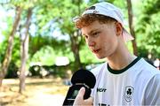 22 July 2025; Rían McCrystal of Team Ireland is interviewed after the boys time trial event during day two of the 2025 European Youth Summer Olympic Festival in Kumanovo, North Macedonia. Photo by Tyler Miller/Sportsfile