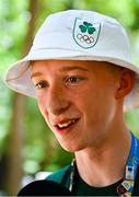 22 July 2025; Tom Lane of Team Ireland is interviewed after the boys time trial event during day two of the 2025 European Youth Summer Olympic Festival in Kumanovo, North Macedonia. Photo by Tyler Miller/Sportsfile