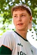 22 July 2025; Rían McCrystal of Team Ireland is interviewed after the boys time trial event during day two of the 2025 European Youth Summer Olympic Festival in Kumanovo, North Macedonia. Photo by Tyler Miller/Sportsfile